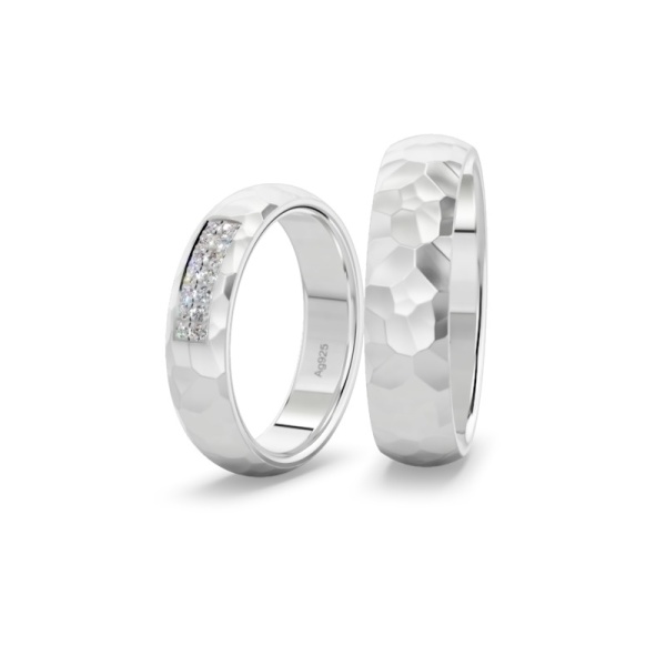 Trauringe Silber - Hammerschlag - Diamantreihe