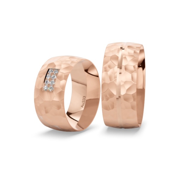 Eheringe aus Rotgold 333 – Hammerschlag – Brillanten