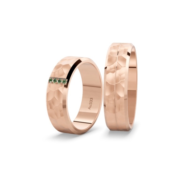 Eheringe aus Rotgold 333 – Hammerschlag – Brillant Farbig